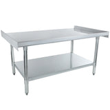 An economy duty stainless steel work table with a smooth rectangular top, raised backsplash on three sides, sturdy cylindrical legs, and a lower shelf for extra storage—ideal as an equipment stand for kitchens or workspaces.