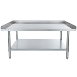 An economy duty stainless steel work table with four legs, a lower storage shelf, and raised edges on three sides. The flat, clean surface makes this equipment stand ideal for kitchens or laboratories.