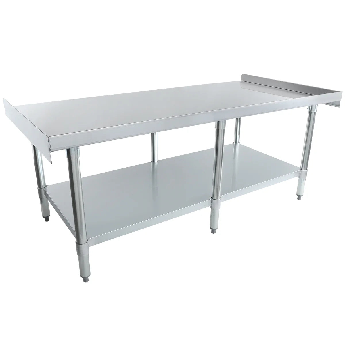 A large NSF stainless steel work table with an undershelf, raised backsplash on three sides, and four sturdy legs; its smooth, reflective surface is ideal as an equipment stand in any commercial kitchen or workspace.