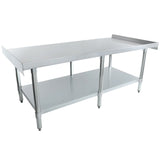 A large NSF stainless steel work table with an undershelf, raised backsplash on three sides, and four sturdy legs; its smooth, reflective surface is ideal as an equipment stand in any commercial kitchen or workspace.