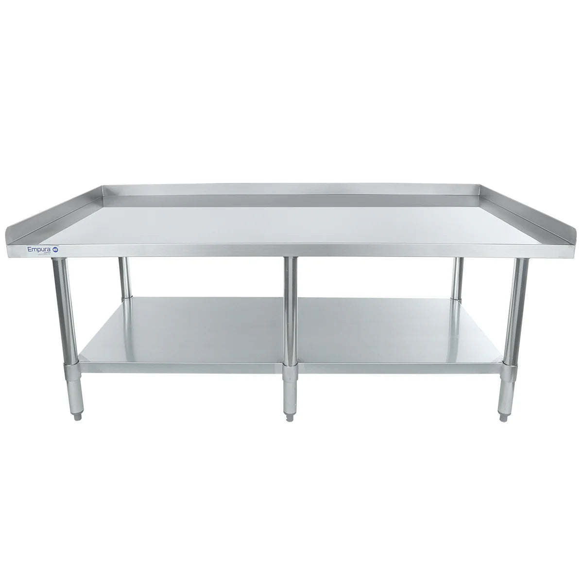 A large NSF stainless steel work table with a raised backsplash on three sides, an open lower shelf for storage, sturdy legs, and adjustable feet. The smooth, reflective surface is ideal for kitchens or as an equipment stand in industrial workspaces.