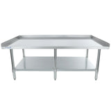 A large NSF stainless steel work table with a raised backsplash on three sides, an open lower shelf for storage, sturdy legs, and adjustable feet. The smooth, reflective surface is ideal for kitchens or as an equipment stand in industrial workspaces.