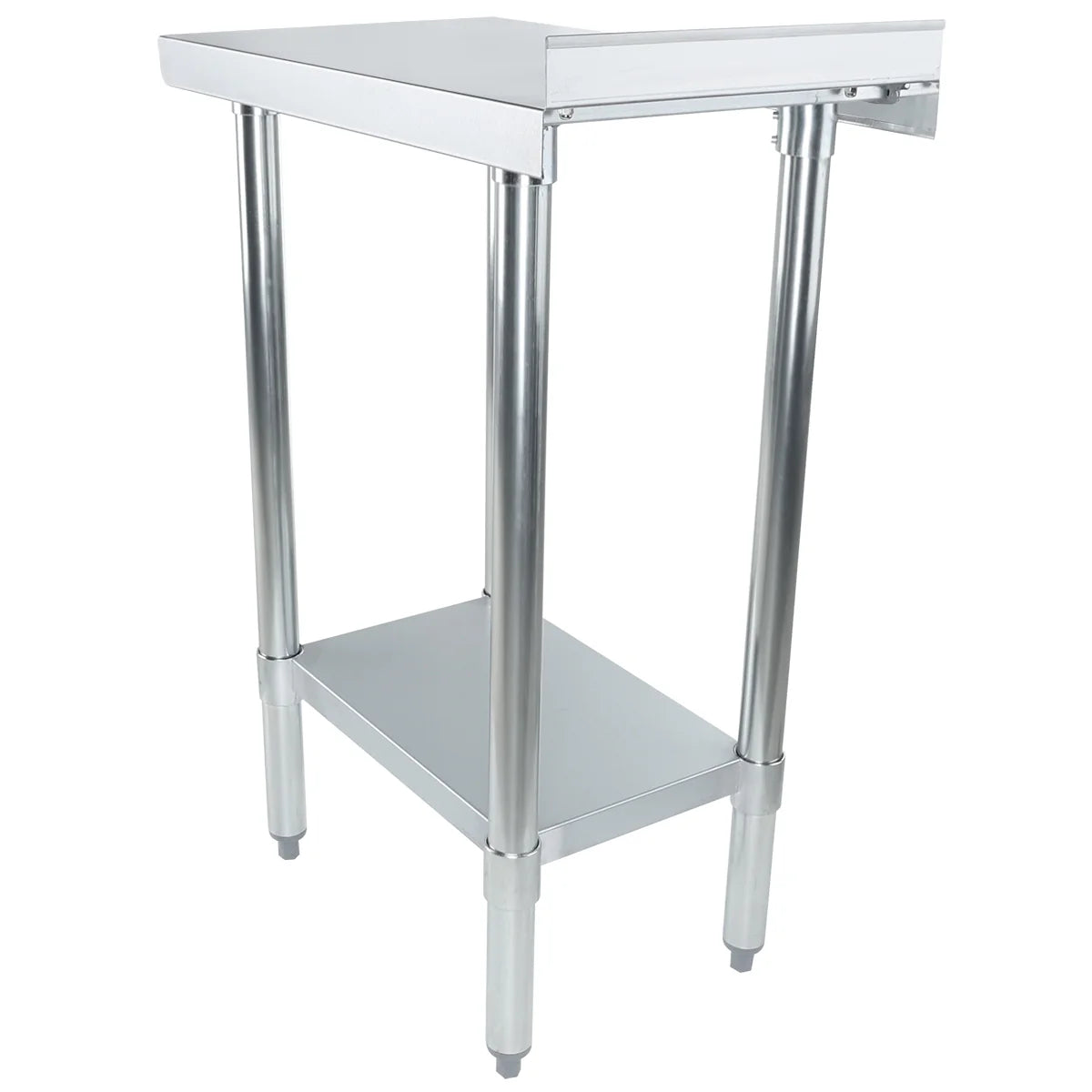 A stainless steel filler table with a triangular top, four round metal legs, and a lower shelf. Made from 18 gauge 430 stainless steel and NSF certified, it features adjustable feet and a smooth, industrial finish for kitchens or prep areas.
