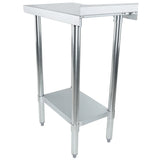A stainless steel filler table with a triangular top, four round metal legs, and a lower shelf. Made from 18 gauge 430 stainless steel and NSF certified, it features adjustable feet and a smooth, industrial finish for kitchens or prep areas.
