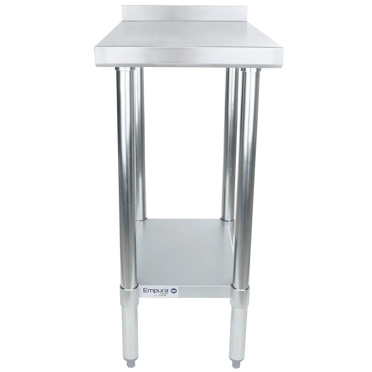 This NSF stainless steel filler table features four cylindrical legs, a flat top, and an undershelf for storage. Made from durable 18 gauge 430 stainless steel, it includes a slight backsplash and an “Empura” brand label on the lower shelf.