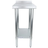 This NSF stainless steel filler table features four cylindrical legs, a flat top, and an undershelf for storage. Made from durable 18 gauge 430 stainless steel, it includes a slight backsplash and an “Empura” brand label on the lower shelf.