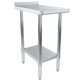 A stainless steel filler table with four round legs, an 18 gauge 430 stainless steel top, a small lower shelf, and a short rear backsplash. NSF certified with adjustable feet and a brushed finish, it's perfect for kitchens or industrial use.