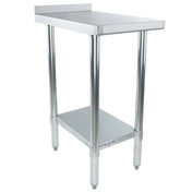 A stainless steel filler table with four round legs, an 18 gauge 430 stainless steel top, a small lower shelf, and a short rear backsplash. NSF certified with adjustable feet and a brushed finish, it's perfect for kitchens or industrial use.