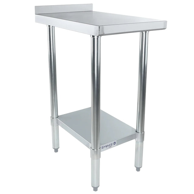 A stainless steel filler table with four round legs, an 18 gauge 430 stainless steel top, a small lower shelf, and a short rear backsplash. NSF certified with adjustable feet and a brushed finish, it's perfect for kitchens or industrial use.
