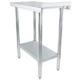 A stainless steel table with four round legs, a smooth rectangular tabletop, and a lower shelf for storage. This NSF-certified filler table features a simple, modern design and a reflective, easy-to-clean surface—ideal for kitchens or workspaces.