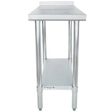 Front view of an NSF stainless steel table with four cylindrical legs, an undershelf for storage bearing the Empura brand, and a backsplash. This industrial filler table features a plain design perfect for commercial kitchens.