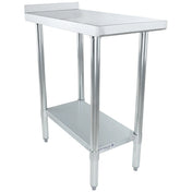 A stainless steel table with four cylindrical legs, a flat work surface, a lower shelf for storage, and a short backsplash. This NSF-certified filler table features an open design and adjustable feet, ideal for kitchens or workspaces.