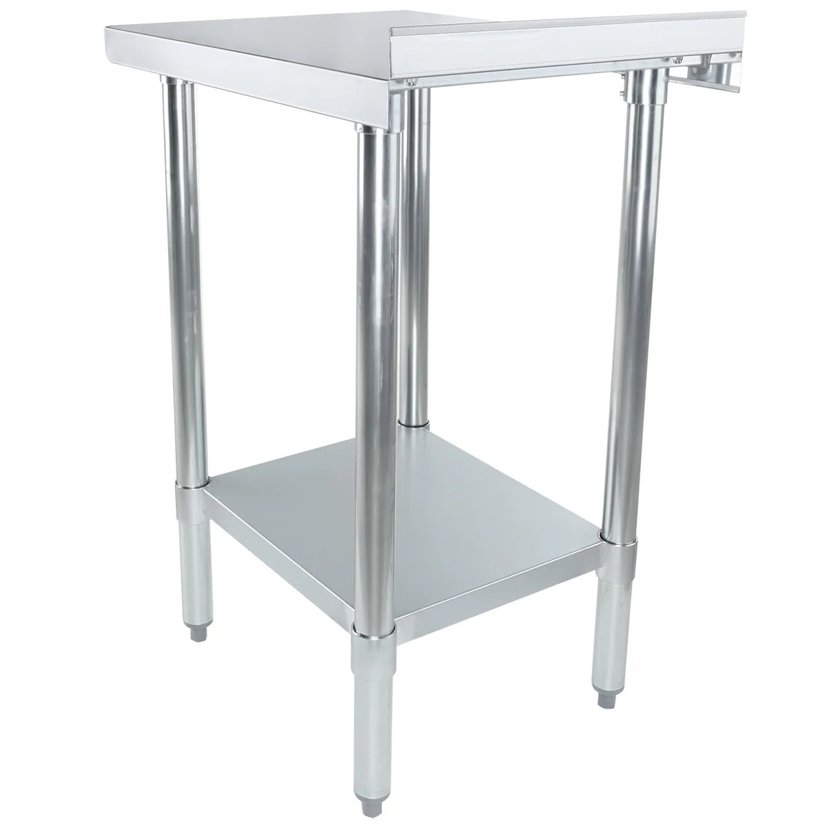 A stainless steel filler table with four cylindrical legs, a smooth rectangular tabletop, and an undershelf for extra storage. NSF certified, it features adjustable feet and a clean, industrial look—ideal for kitchens or workspaces.
