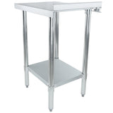 A stainless steel filler table with four cylindrical legs, a smooth rectangular tabletop, and an undershelf for extra storage. NSF certified, it features adjustable feet and a clean, industrial look—ideal for kitchens or workspaces.