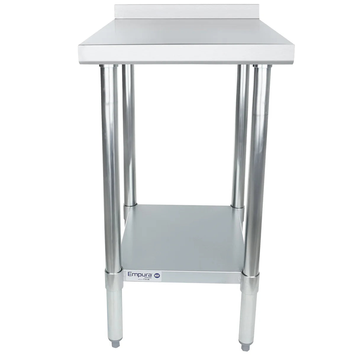 An NSF-certified stainless steel filler table with four cylindrical legs, an undershelf, and a raised backsplash along the back edge. The table is empty, has a clean, industrial look, and displays the Empura brand on the front.