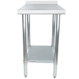 An NSF-certified stainless steel filler table with four cylindrical legs, an undershelf, and a raised backsplash along the back edge. The table is empty, has a clean, industrial look, and displays the Empura brand on the front.