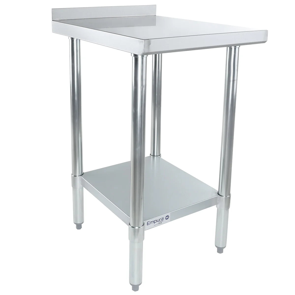 This NSF stainless steel filler table features four tubular legs, a lower shelf, and an upturned rear edge. Its smooth, shiny surface and adjustable feet add versatility. The Empura brand name appears on the front of the lower shelf.