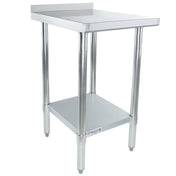 This NSF stainless steel filler table features four tubular legs, a lower shelf, and an upturned rear edge. Its smooth, shiny surface and adjustable feet add versatility. The Empura brand name appears on the front of the lower shelf.