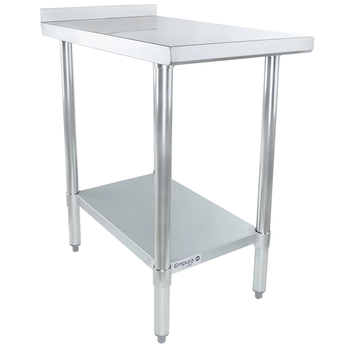 A stainless steel table with four cylindrical legs, a flat top featuring a raised back edge, and a lower storage shelf. This Empura filler table has an industrial, polished finish and stands on adjustable feet, with the logo on the lower shelf.
