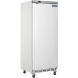 A tall, white Empura E-KB25WF reach-in freezer with a solid door, stainless steel top edge, ventilation slots at the bottom, four swivel casters, and an “Empura” logo on the top right corner stands against a plain white background.