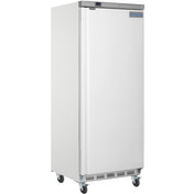 A tall, white Empura E-KB25WF reach-in freezer with a solid door, stainless steel top edge, ventilation slots at the bottom, four swivel casters, and an “Empura” logo on the top right corner stands against a plain white background.