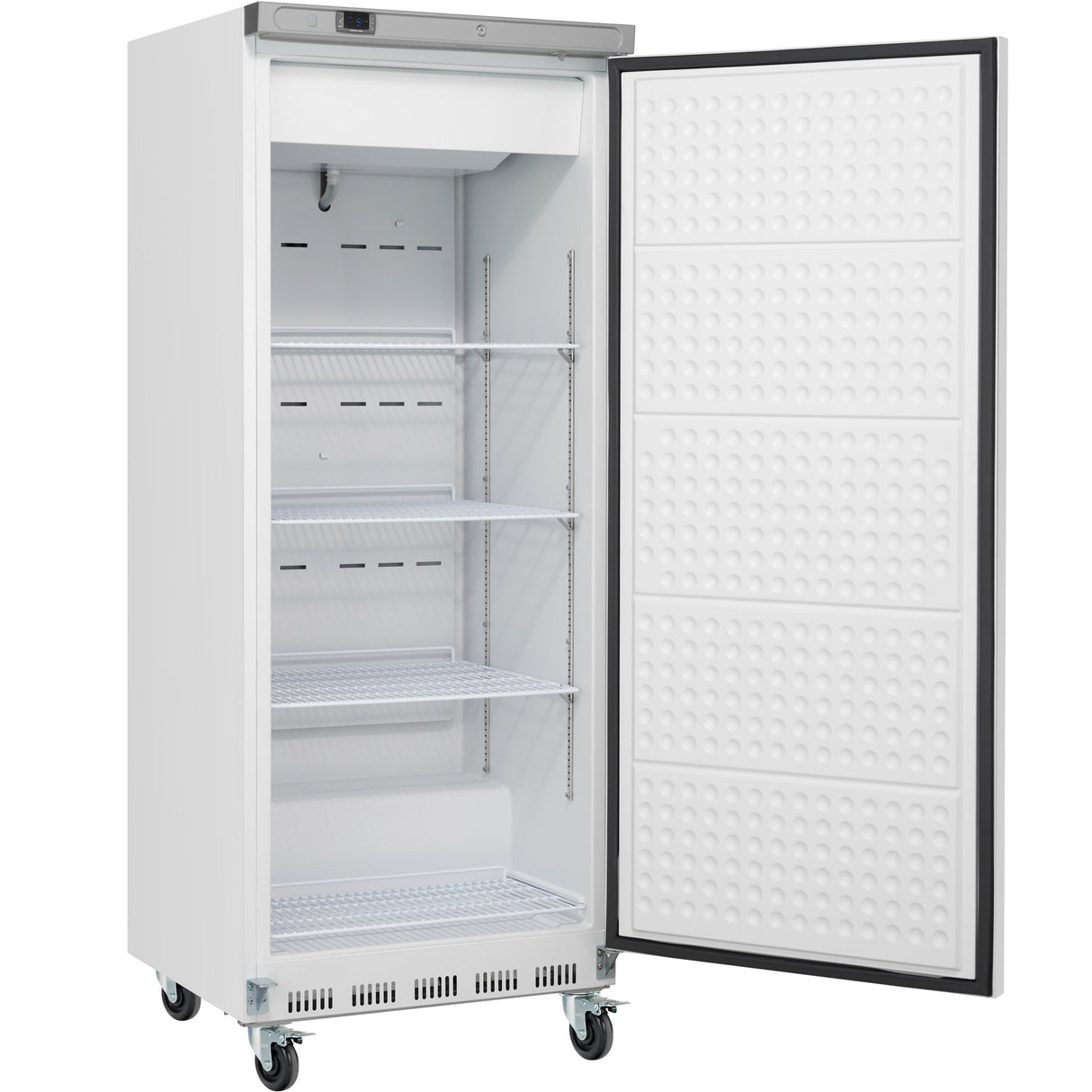 A tall, upright commercial freezer, the Empura E-KB25WF, stands with its door open to reveal four wire shelves inside. The white reach-in freezer has a dimpled door texture, sits on wheels, and features a control panel at the top front.