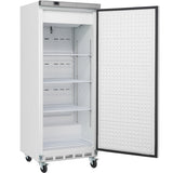 A tall, upright commercial freezer, the Empura E-KB25WF, stands with its door open to reveal four wire shelves inside. The white reach-in freezer has a dimpled door texture, sits on wheels, and features a control panel at the top front.