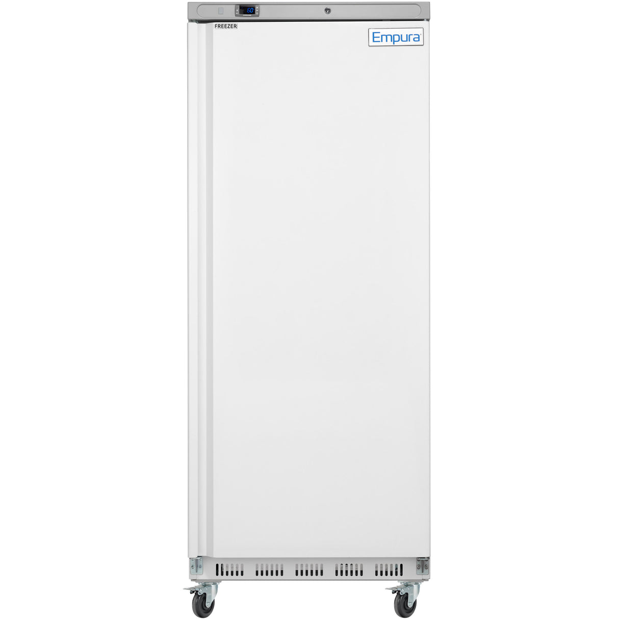 A tall, white Empura E-KB25WF reach-in freezer with a solid door stands on four caster wheels. Features include a bottom front vent and a digital display above the door. The Empura label is at the top right. Background is plain white.