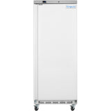 A tall, white Empura E-KB25WF reach-in freezer with a solid door stands on four caster wheels. Features include a bottom front vent and a digital display above the door. The Empura label is at the top right. Background is plain white.