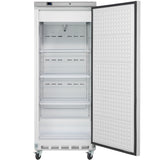 An upright Empura E-KB25WF reach-in freezer with a gray exterior and open door reveals four adjustable wire shelves inside. The white interior and wheeled base offer mobility, while the door's inside panel is textured with raised dots.