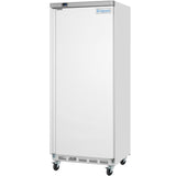 A tall, single-door commercial freezer with a plain white exterior, silver trim, and a digital control panel at the top. The Empura E-KB25WF logo appears on the upper right, and the unit stands on four caster wheels for mobility.