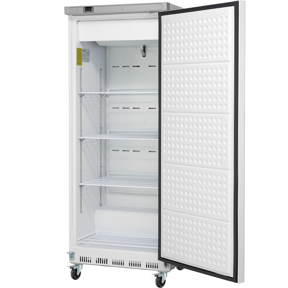 A tall, white Empura E-KB25WF reach-in freezer with an open door showing four empty wire shelves inside. The commercial freezer features a textured inner door, wheels on the bottom, and a digital control panel at the top front edge.