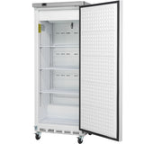 A tall, white Empura E-KB25WF reach-in freezer with an open door showing four empty wire shelves inside. The commercial freezer features a textured inner door, wheels on the bottom, and a digital control panel at the top front edge.