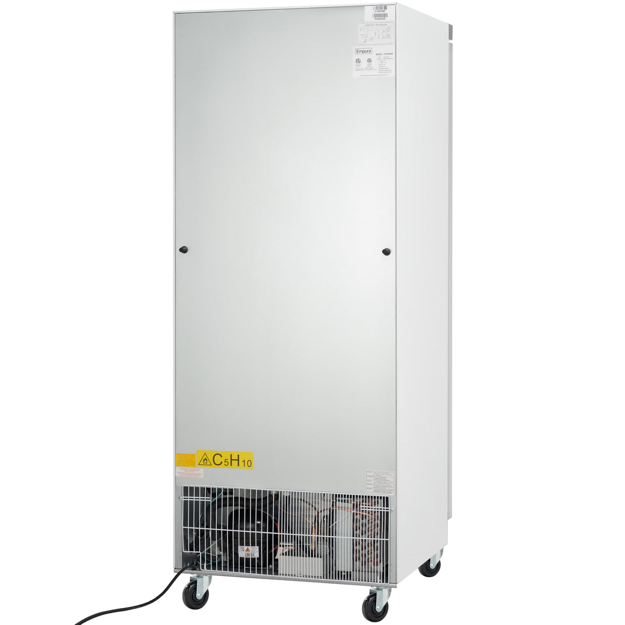 A tall, silver Empura E-KB25WF reach-in freezer stands on four caster wheels. The front lower section has a vent and machinery visible, with a yellow hazard label “C5H10.” An electrical cord extends from the back; the unit is plain and industrial.