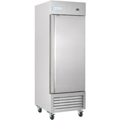 A tall, stainless steel Commercial Freezer on wheels with a solid single door, left-side handle, digital display on the top right, bottom ventilation grilles, and an Empura brand label at the top front.