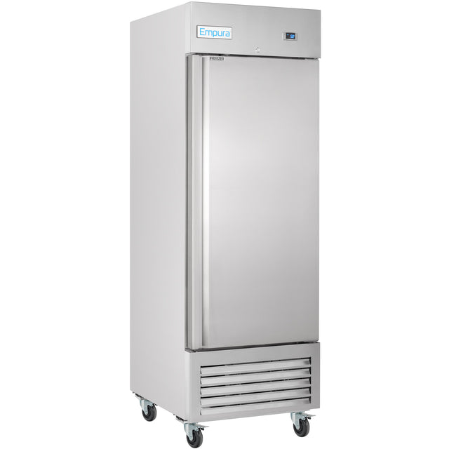 A tall, stainless steel Commercial Freezer on wheels with a solid single door, left-side handle, digital display on the top right, bottom ventilation grilles, and an Empura brand label at the top front.