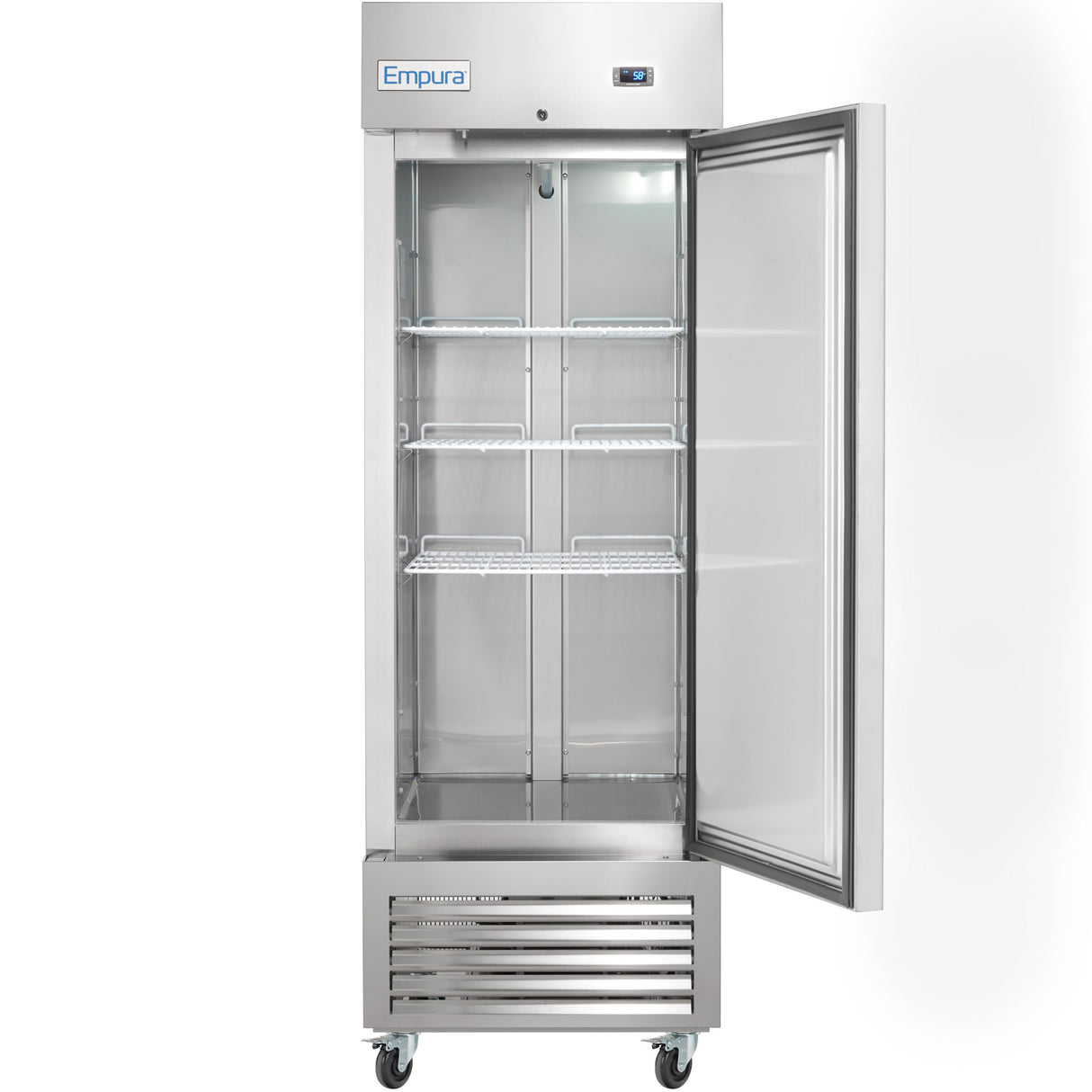A tall, stainless steel commercial freezer with a glass door is open, revealing four empty wire shelves. The reach-in freezer stands on wheels, featuring a digital temperature display at the top and the Empura brand name visible.