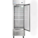 A tall, stainless steel commercial freezer with a glass door is open, revealing four empty wire shelves. The reach-in freezer stands on wheels, featuring a digital temperature display at the top and the Empura brand name visible.