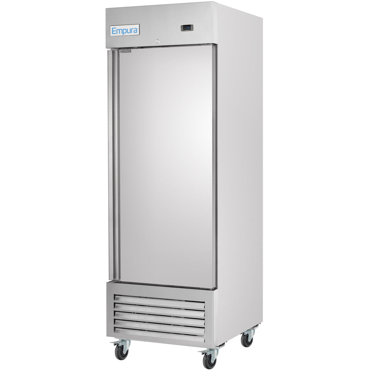A tall, stainless steel commercial freezer on four wheels, with a single solid door, vented panel at the bottom, and a small digital display at the top. The Empura reach-in freezer label appears near the top left in blue and white.