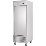 A tall, stainless steel commercial freezer on four wheels, with a single solid door, vented panel at the bottom, and a small digital display at the top. The Empura reach-in freezer label appears near the top left in blue and white.