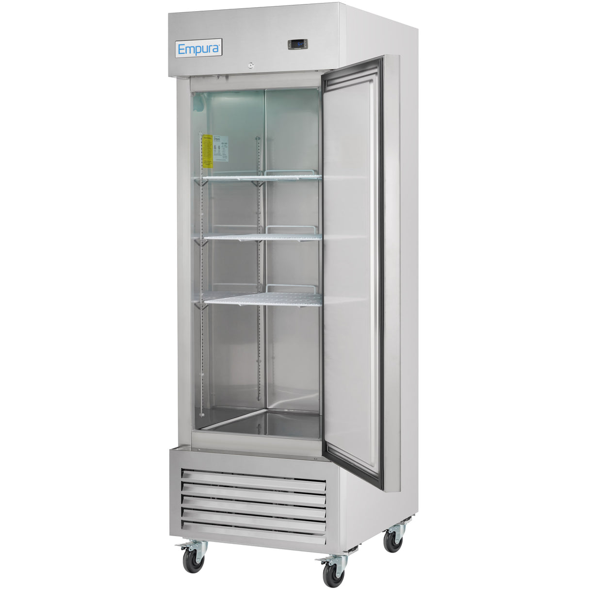 A commercial stainless steel reach-in freezer on wheels, labeled Empura, features a glass door slightly open. Inside are three metal shelves and interior lighting, with ventilation grilles at the bottom front. The fridge stands on four casters.