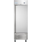 A tall, stainless steel Empura Reach-In Refrigerator with a 23 cu. ft. capacity features a single solid door, ENERGY STAR rating, digital display, and bottom ventilation grill, all on four wheels for mobility. The brand name is displayed on the top front panel.