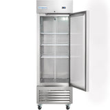 A stainless steel Empura Reach-In Refrigerator with 23 cu. ft. capacity stands on wheels. The door is open, showing four adjustable wire shelves and an empty interior. Temperature control and vent are visible at the top and bottom, respectively.