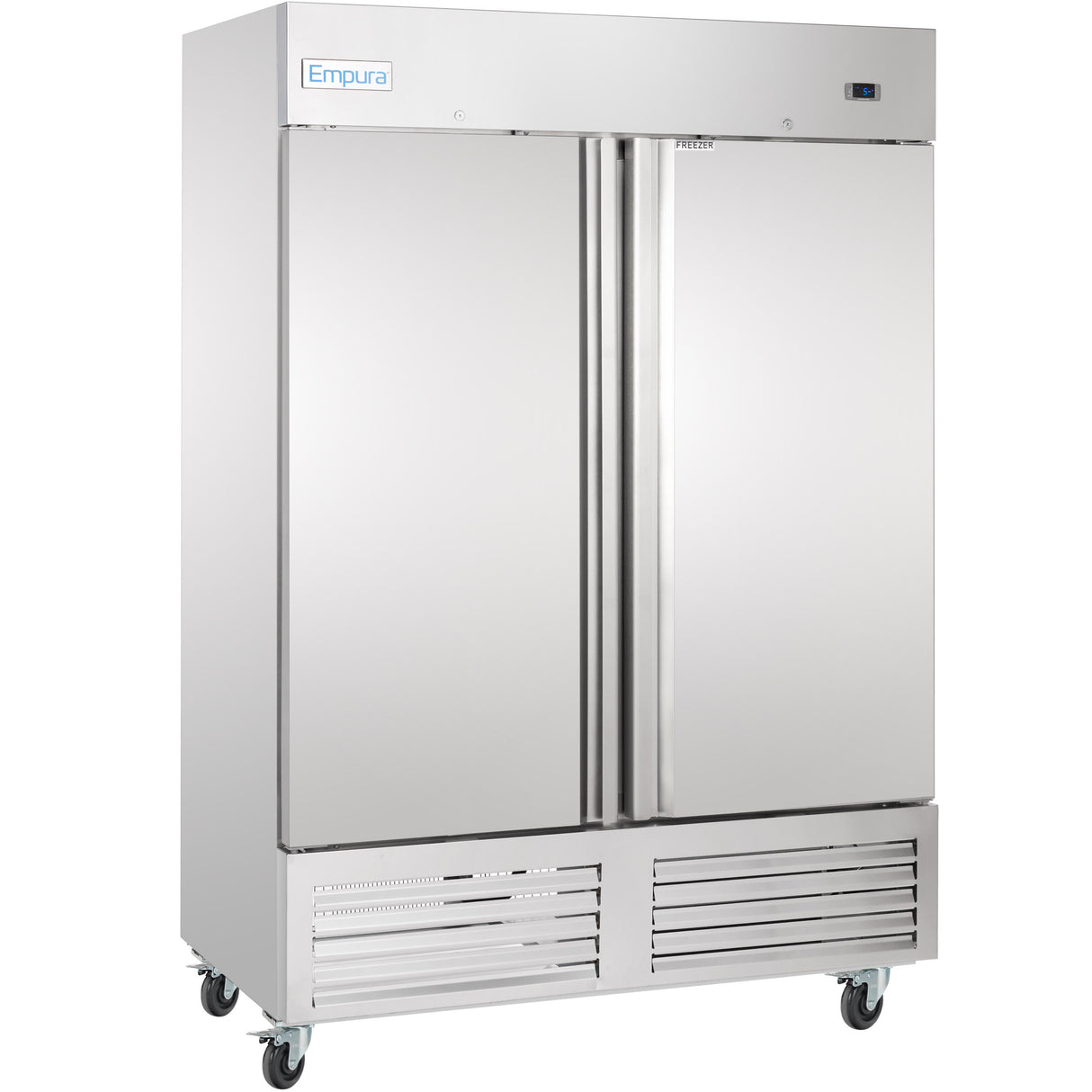 A large, stainless steel commercial reach-in freezer with two tall doors, vertical handles, vented grill at the bottom, and four wheels. The unit features a small digital control panel and an Empura brand label in the upper left corner.