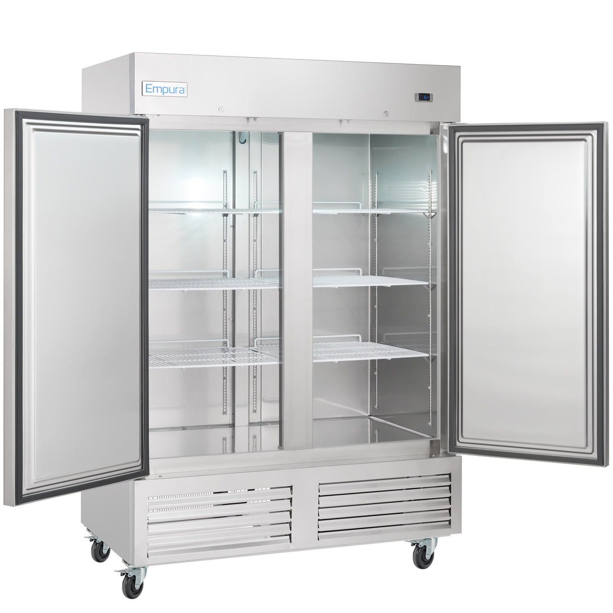 A large commercial reach-in freezer with two open doors, empty interior, wire shelves, and wheels on the bottom. The stainless steel Empura unit is ideal for busy kitchens. Brand name is visible on the upper left corner.
