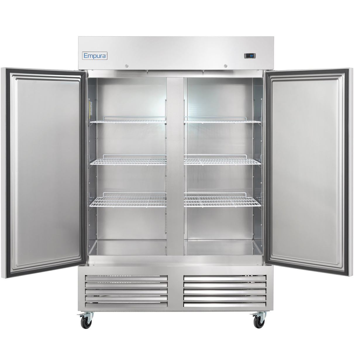 A stainless steel commercial reach-in freezer with both doors open, showing four adjustable wire shelves inside. The empty restaurant freezer features a digital display on the top right, wheels for easy mobility, and the “Empura” brand on the upper left.