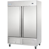 A large, industrial stainless steel freezer with two vertical doors, four caster wheels, side vents, and a digital display on the upper right. The Empura commercial reach-in freezer label is on the top left corner of the unit.