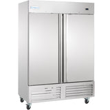 A commercial stainless steel reach-in refrigerator on wheels, featuring vertical handles, a vented lower panel, and a small digital display on the top right. The Empura brand is displayed on the upper left of the refrigerator.