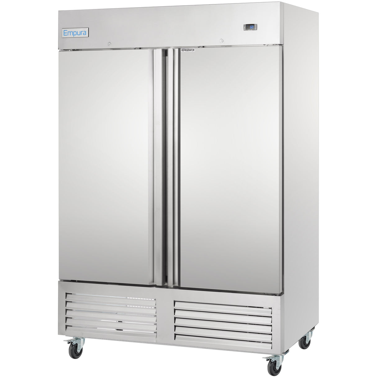 A large, stainless steel commercial refrigerator with two closed doors is mounted on four caster wheels. The top left displays a blue Empura logo, while the vented panels below complete its sleek, industrial reach-in refrigerator appearance.