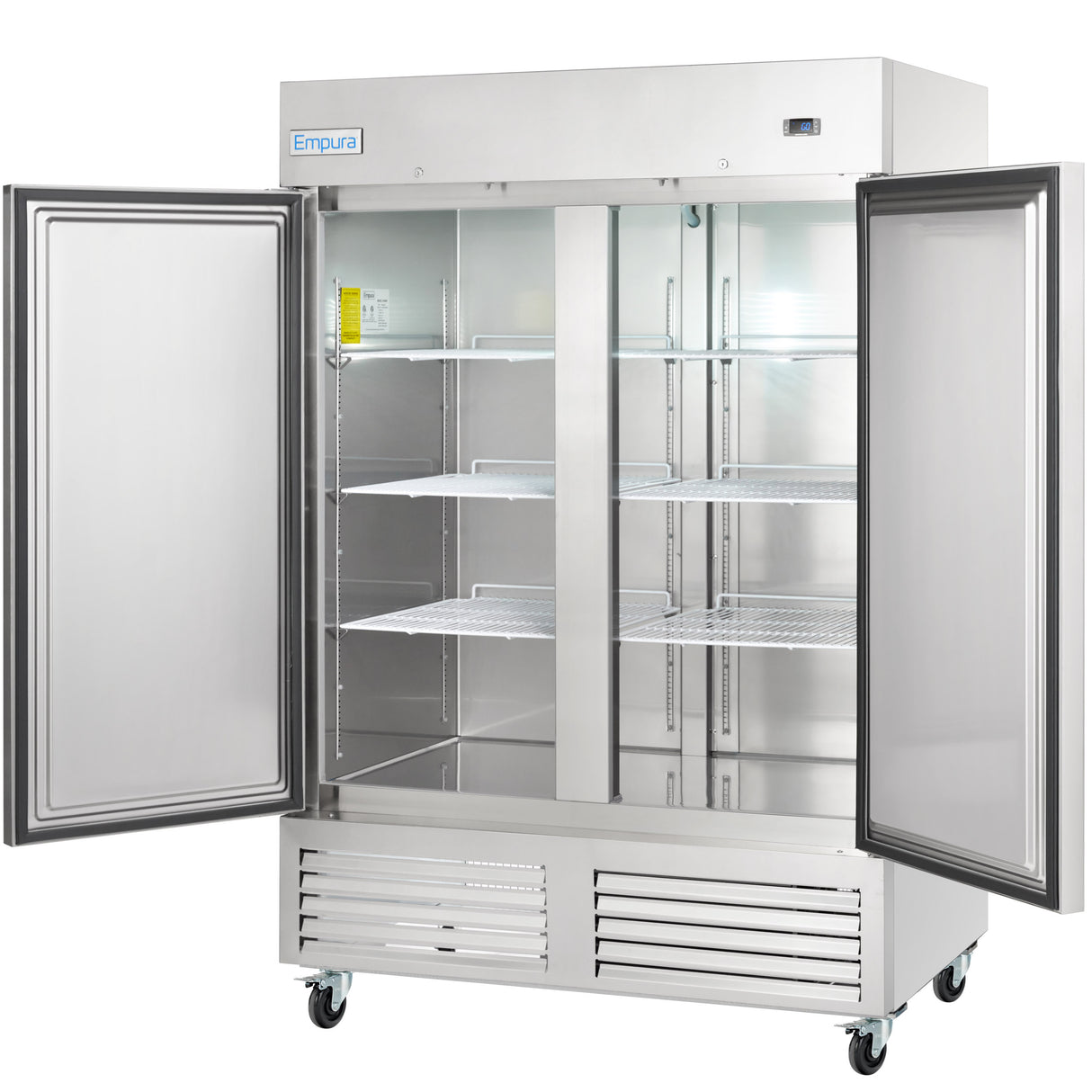 A commercial reach-in refrigerator on wheels with both doors open displays multiple adjustable wire shelves and a cooling vent at the bottom. The Empura brand is visible on the upper left. The stainless steel interior is empty and impeccably clean.